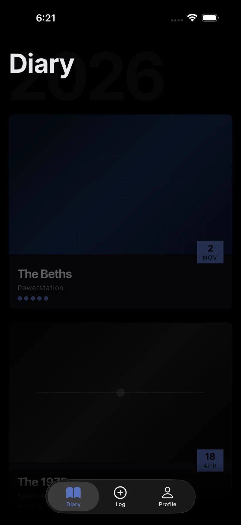 Afterlight concert diary screen